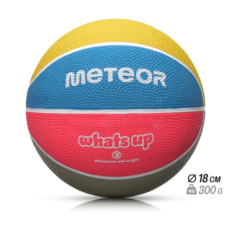 Meteor Whats Up basketbola bumba, izmērs 3, krāsa violeta-rozā-zaļa-marmīnsarkana